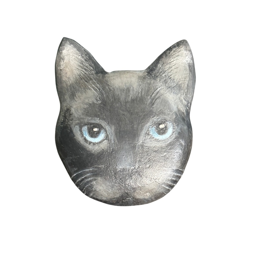 Hand Painted Stone Black Cat Head Sculpture Signed Blue Eyes Artisan Decor
